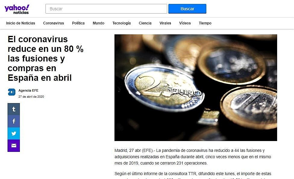 El coronavirus reduce en un 80 % las fusiones y compras en Espaa en abril